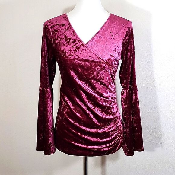 VENUS Tops - Venus Wine Velvet Crush Y2K Bell Sleeve Blouse With Cut Out In Back Size S